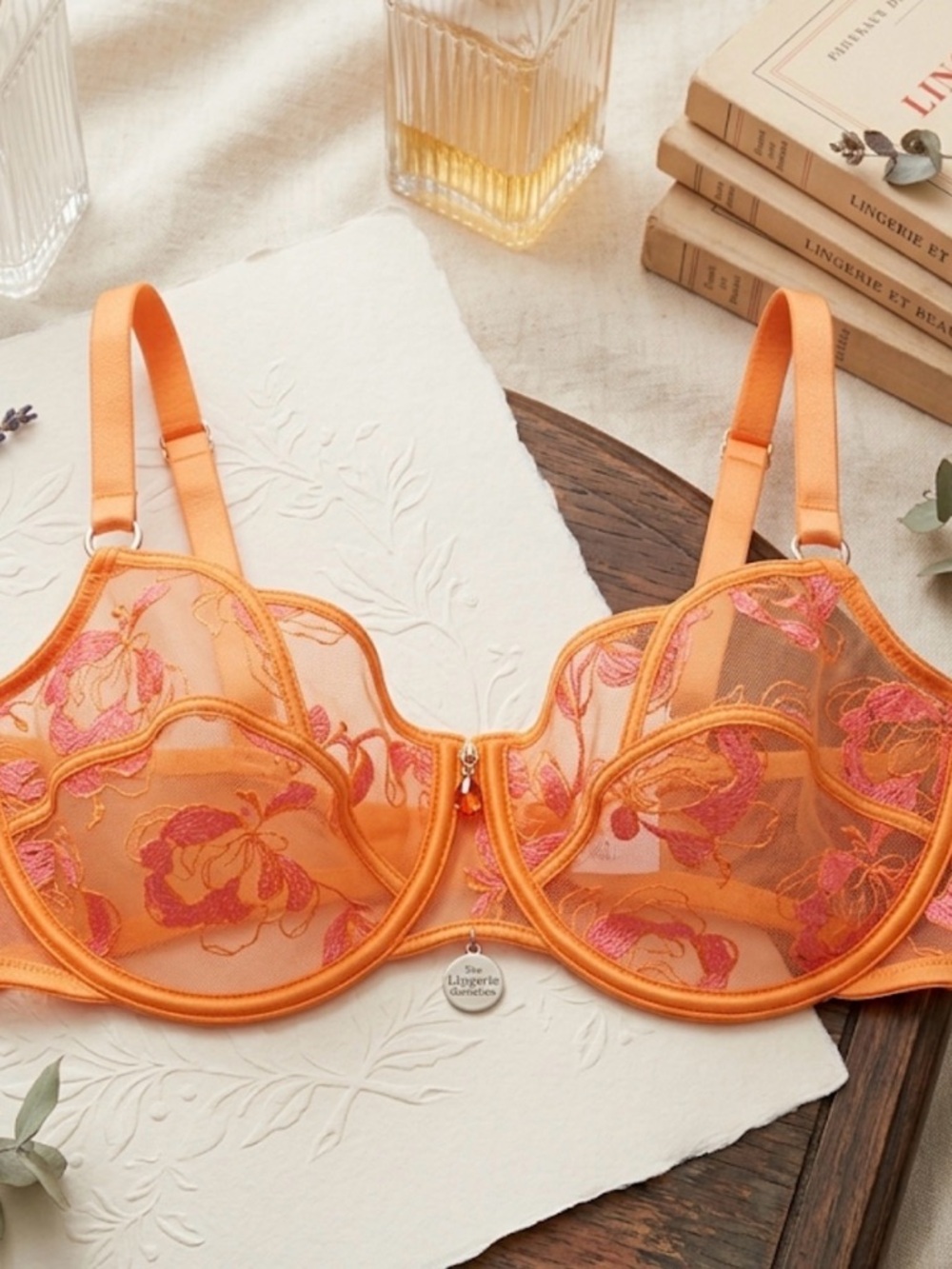 Honey Birdette Orange Bra with Pink Floral Embroidery